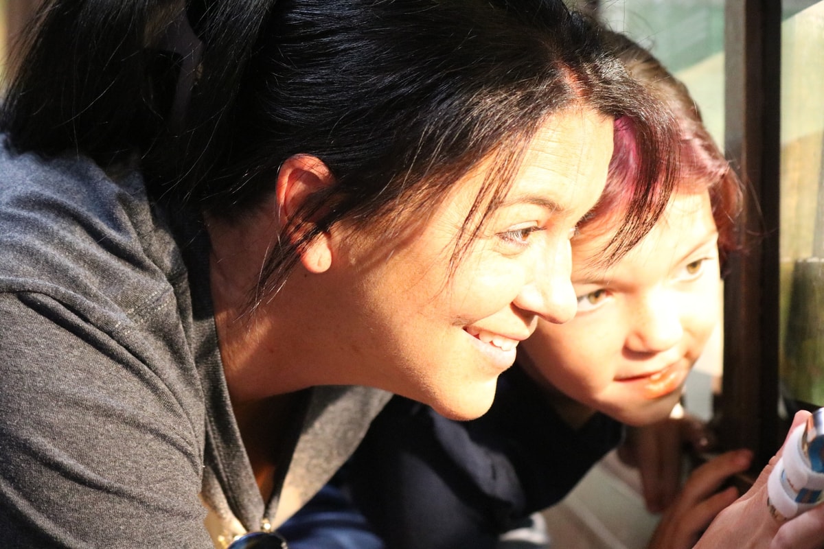 Parent and child smiling together in warm window light